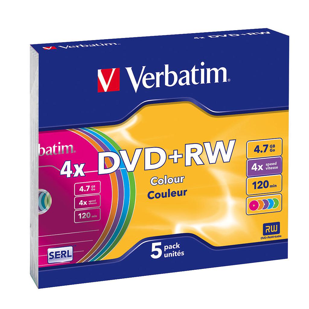 VERBATIM - DVD+RW Colours slim pack 5 ud 4x 4,7GB 120min 5colores (CANON L.P.I. 1,4€ Incluido) (Ref.43297)