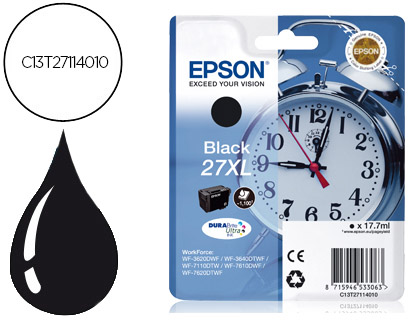 EPSON - cartucho inyección negro 17,7ml 1100 pág 27XL WF-3620DWF/3640DTWF/7110DTW/76XXDWF (Ref.C13T27114012)