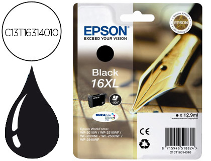 EPSON - Cartuchos ORIGINALES Inyección De Tinta 16XL WF2010W WF2510WF WF2520NF WF2530WF WF2540WF NEGRO 500 PAG (Ref.C13T16314010)