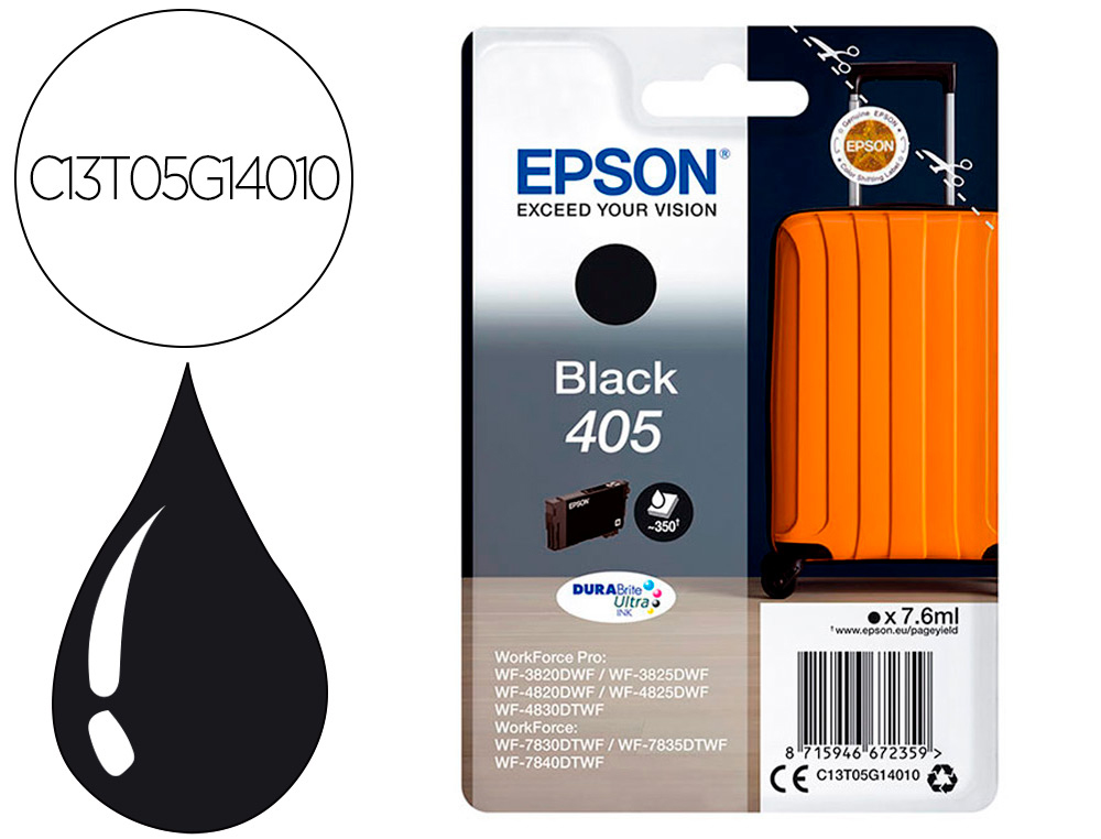 EPSON - Cartucho de inyección de tinta 405 wf-3820dwf / wf-4820dwf / wf-7830dtwf / wf-7840dtwf negro (Ref. C13T05G14010)