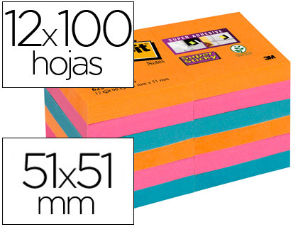 POST-IT - Bloc de notas adhesivas quita y pon super sticky 51x51 mm pack de 12 bloc colores intensos surtidos (Ref. 622-12SS-EG)