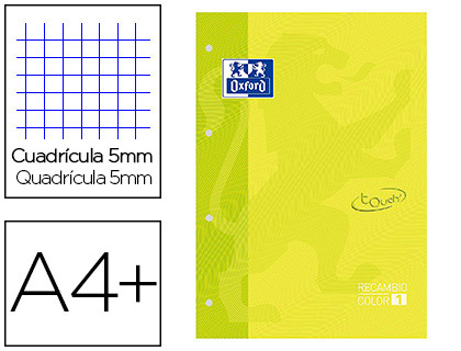 OXFORD - Recambio color 1 din a4+ 80 hojas 90 gr cuadricula 5 mm tapa blanda 4 taladros lima touch (Ref. 400077695)