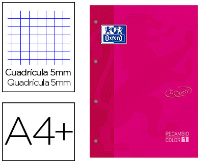 OXFORD - Recambio color 1 din a4+ 80 hojas 90 gr cuadricula 5 mm tapa blanda 4 taladros fucsia touch (Ref. 400077697)