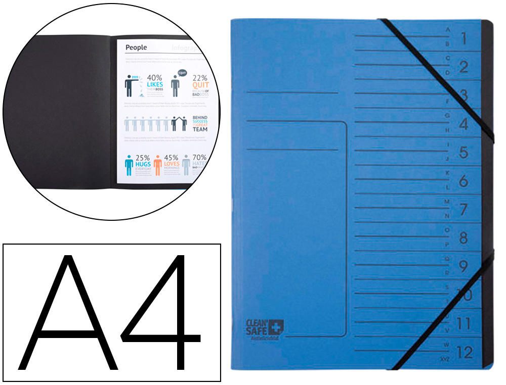 EXACOMPTA - Carpeta clean safe clasificadora 12 departamentos din A4 con gomas carton azul (Ref. 57122E)