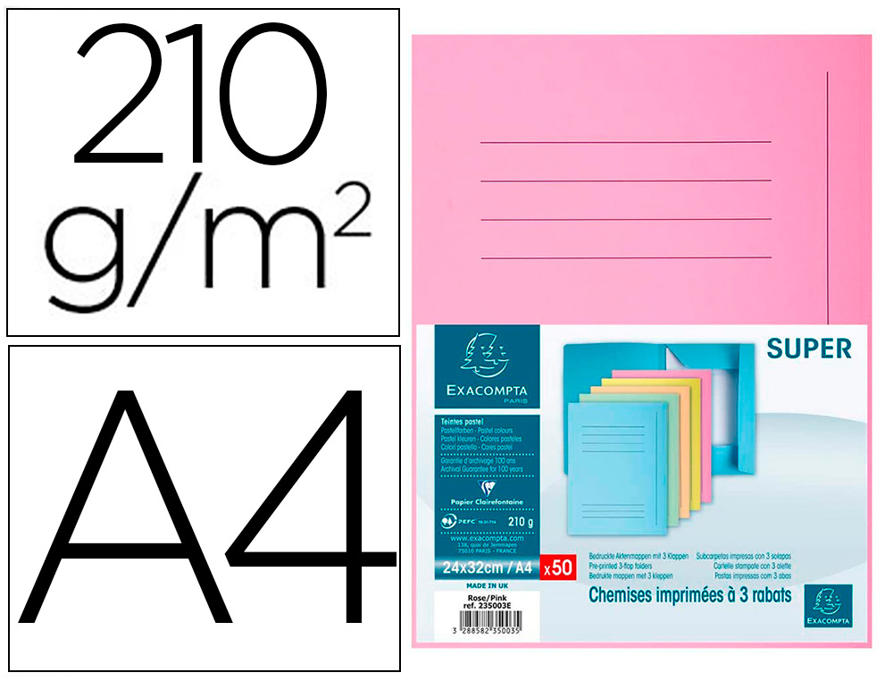EXACOMPTA - Subcarpeta cartulina con 3 solapas din A4 impresa rosa 210 gr (Ref. 235003E)