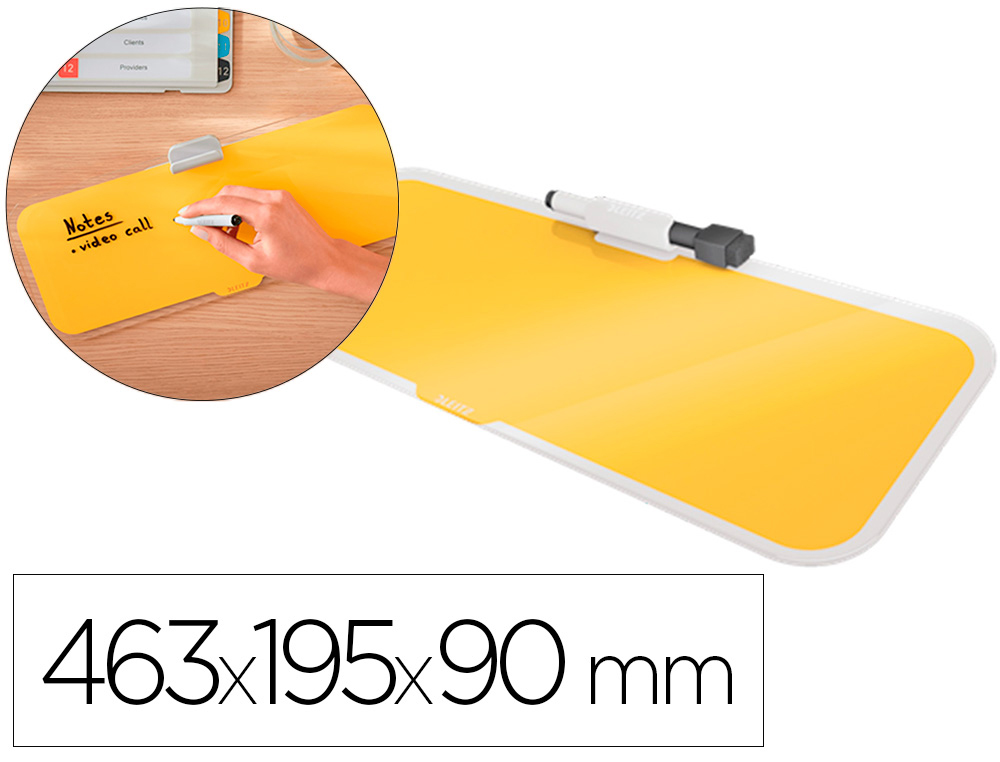 LEITZ - Pizarra cosy sobremesa cristal con rotulador y borrador amarillo 150x60x380 mm (Ref. 52690019)
