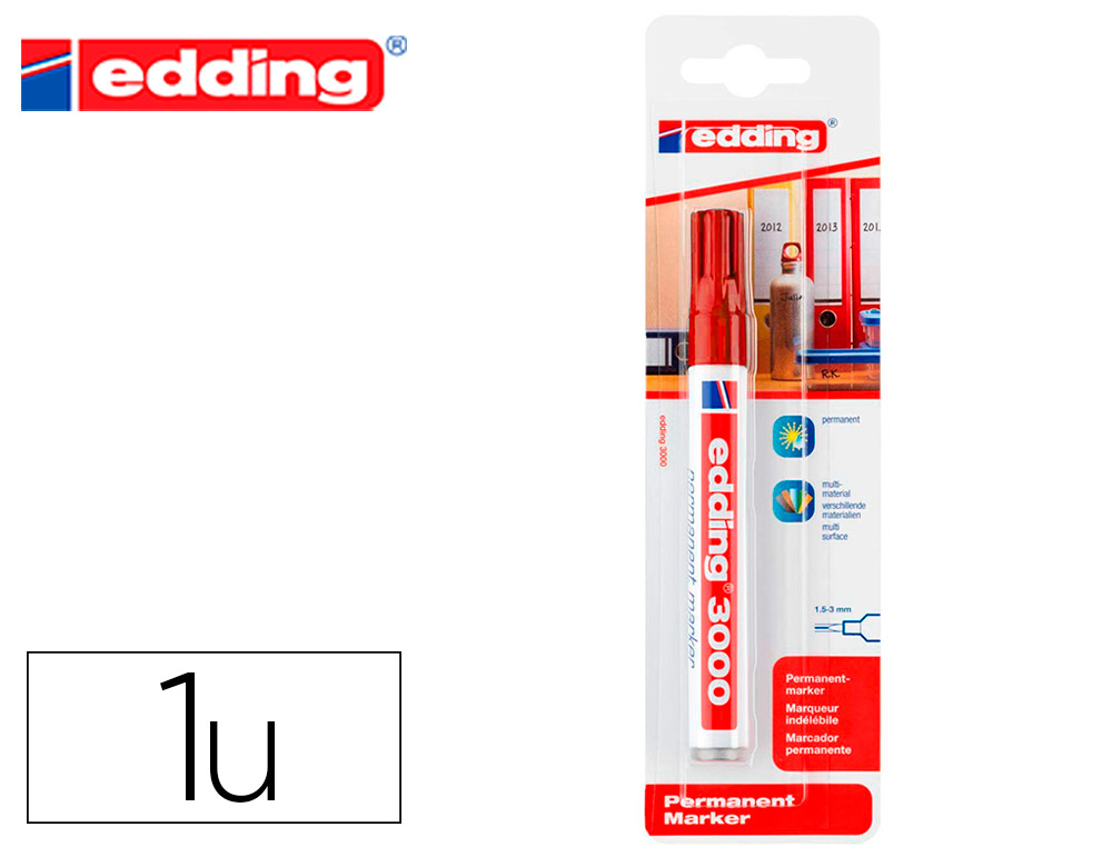 EDDING - Rotulador marcador permanente 3000 rojo n.2 punta redonda 1,5-3 mm blister de 1 unidad (Ref. E-3000/1-02)