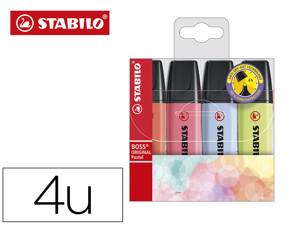 STABILO - Rotulador boss fluorescente 70 pastel estuche de 4 unidades colores surtidos (Ref. 70/4-3)