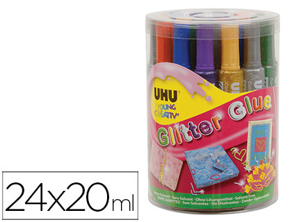 UHU - Purpurina pegamento glitter glue mix bote 24 unidades colores surtidos 20 ml (Ref. 39051)