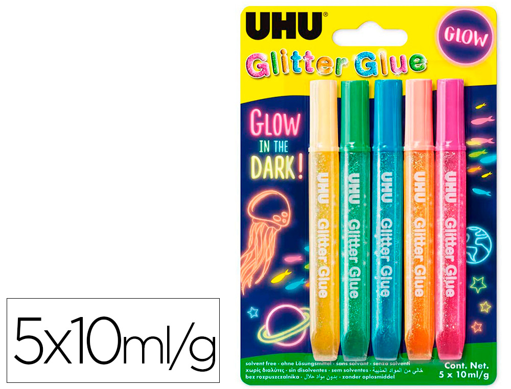 UHU - Purpurina pegamento glitter glow lavable blister de 5 unidades 10 ml (Ref. 157288)