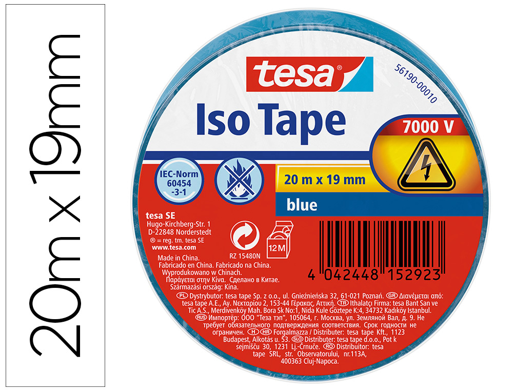 TESA - Cinta adhesiva aislante 20 mt x 19 mm color azul (Ref. 56190-00010-22)