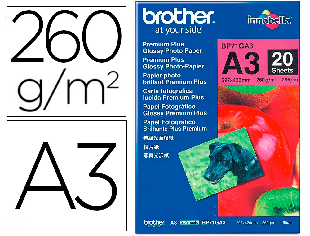 BROTHER - Papel foto brillante a3 260g/m2 paquete 20 hojas (Ref. BP71GA3)