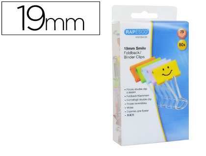 RAPESCO - Pinza metalica reversible 19 mm sonrisas colores surtidos cajita de 80 unidades (Ref. 1428)