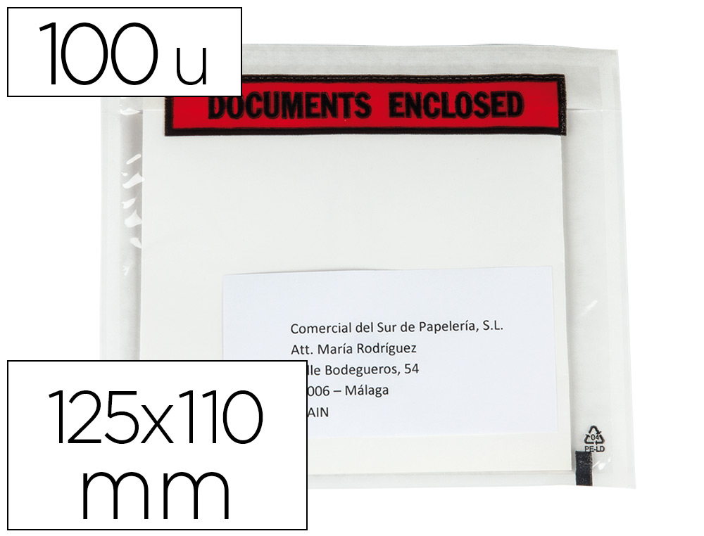 Q-CONNECT - Sobre autoadhesivo portadocumentos multilingue 125x110 mm sin ventana paquete de 100 unidades (Ref. KF11298)
