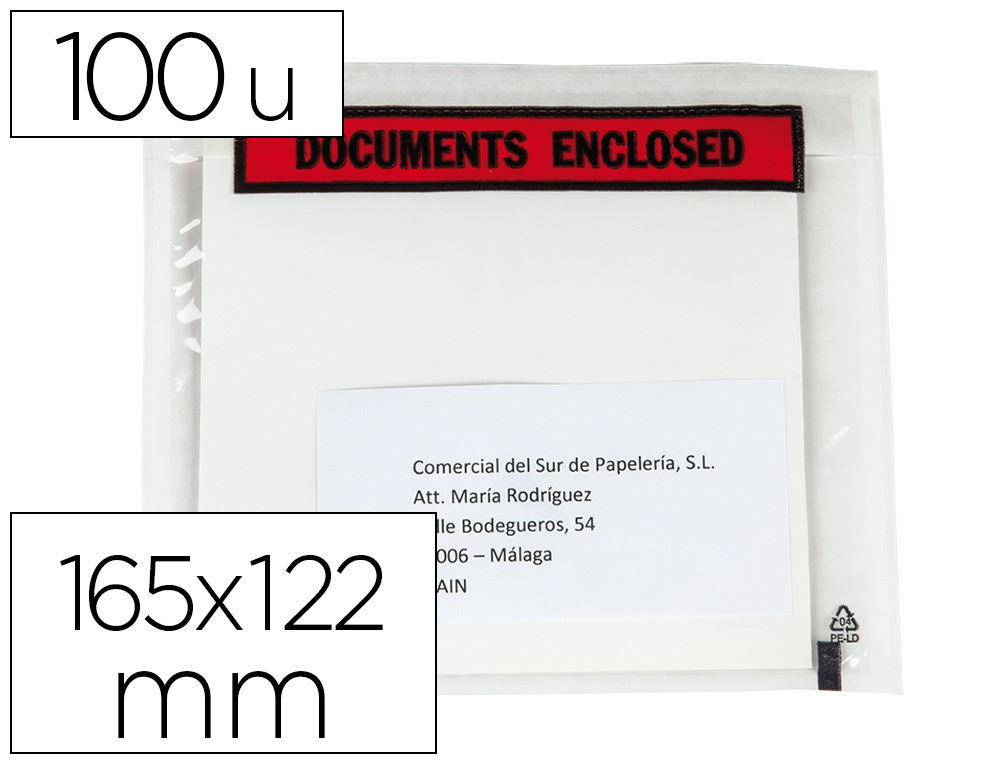 Q-CONNECT - Sobre autoadhesivo portadocumentos multilingue 165x122 mm sin ventana paquete de 100 unidades (Ref. KF11299)