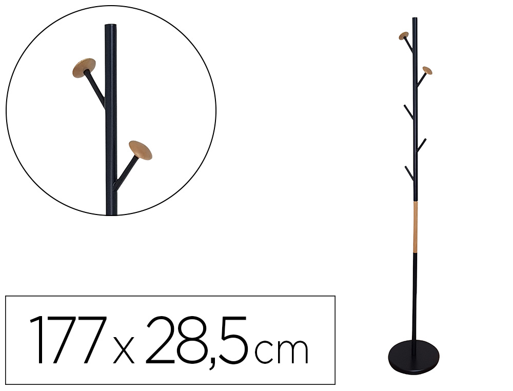 Q-CONNECT - Perchero metalico negro con detalles de madera 5 colgadores 177x28,5 cm (Ref. KF17287)