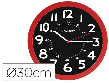 Q-CONNECT - Reloj de pared plastico oficina redondo 30 cm color rojo y esfera color negro (Ref. KF11215)