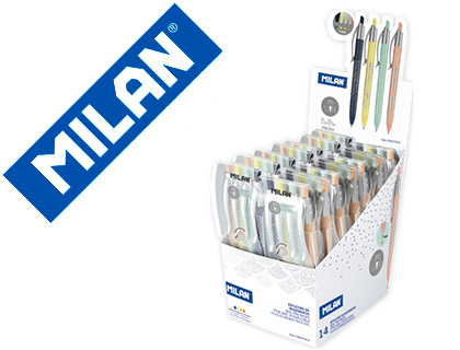 MILAN - Boligrafo p1 silver retractil 1 mm estuche de 4 unidades colores surtidos expositor de 14 estuches (Ref. 176577914)
