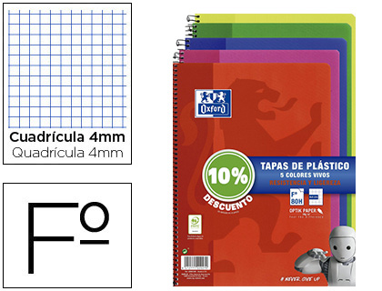 OXFORD - Cuaderno espiral tapa plastico folio 80 hojas cuadro 4 mm pack 5 unidades colores vivos (Ref. 400091365)