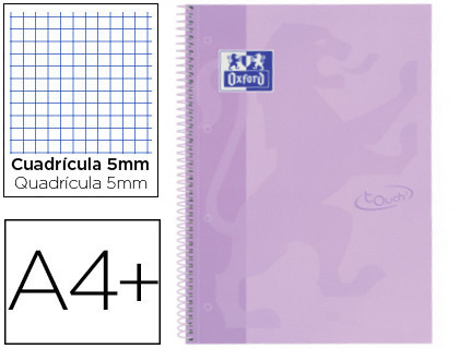 OXFORD - Cuaderno espiral ebook 1 school touch te din a4+ 80 hojas cuadro 5 mm con margen malva pastel (Ref. 400117273)