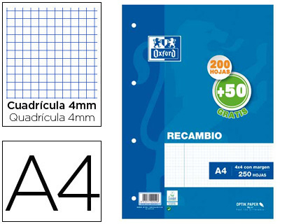 OXFORD - Recambio din A4 200 + 50 hojas gratis cuadro 4 mm con margen (Ref. 400119437)