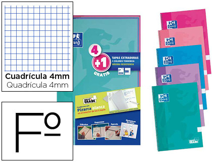 OXFORD - Cuaderno espiral tapa extradura folio 80 hojas cuadro 4 mm con pizarra blancapack 4+1 colores tendencia (Ref. 400122766)