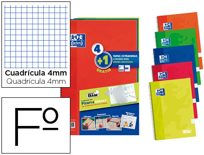 OXFORD - Cuaderno espiral tapa extradura folio 80 hojas cuadro 4 mm con pizarra blancapack 4+1 colores clasicos (Ref. 400122761)