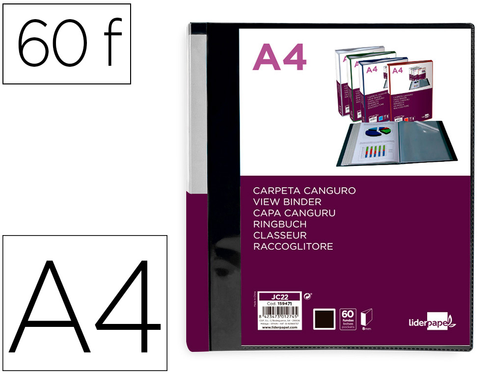 LIDERPAPEL - Carpeta 60 fundas canguro pp din A4 negro opaco portada y lomo personalizable (Ref. JC22)