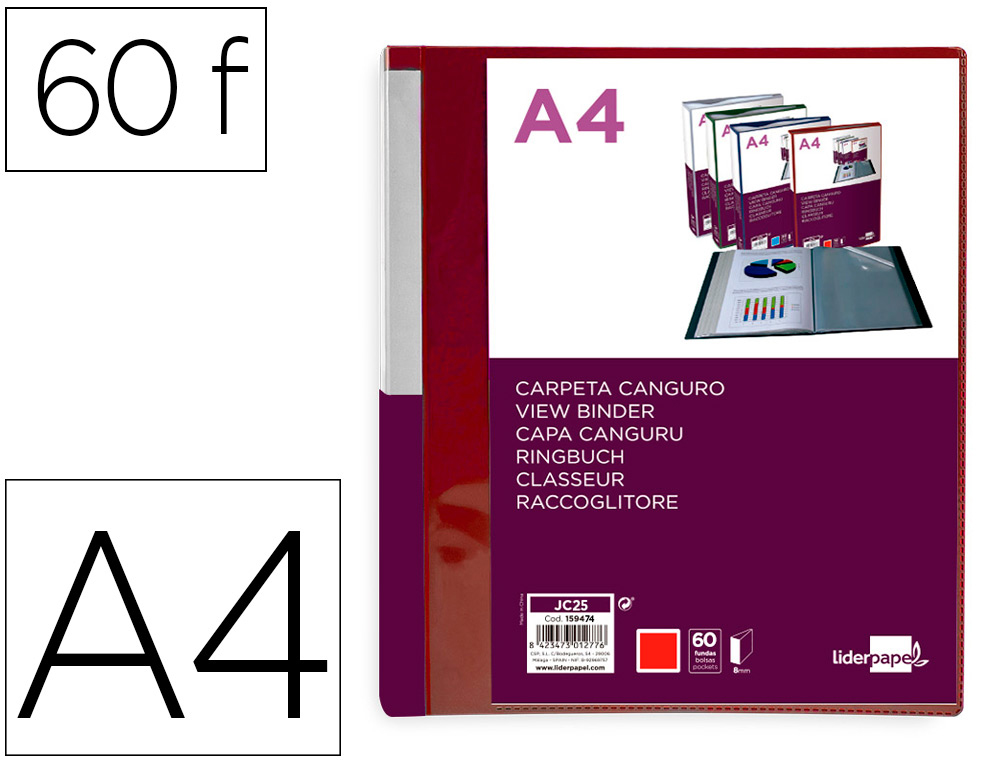 LIDERPAPEL - Carpeta 60 fundas canguro pp din A4 rojo translucido portada y lomo personalizable (Ref. JC25)