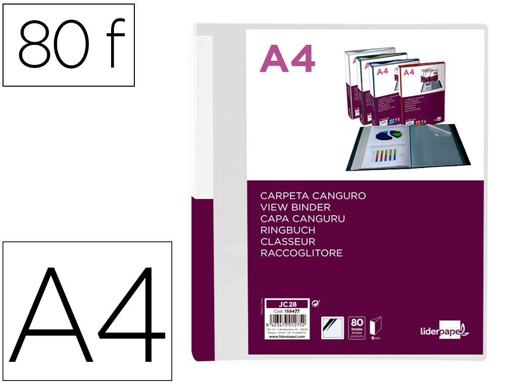 LIDERPAPEL - Carpeta 80 fundas canguro pp din A4 transparenteportada y lomo personalizable (Ref. JC28)