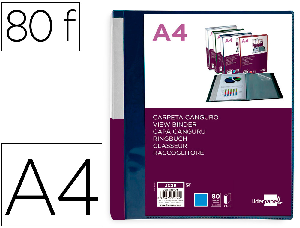 LIDERPAPEL - Carpeta 80 fundas canguro pp din A4 azul translucido portada y lomo personalizable (Ref. JC29)