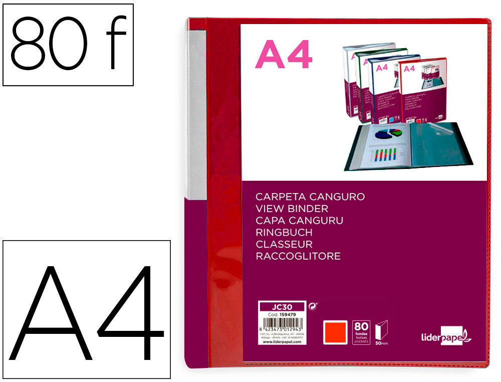 LIDERPAPEL - Carpeta 80 fundas canguro pp din A4 rojo translucido portada y lomo personalizable (Ref. JC30)