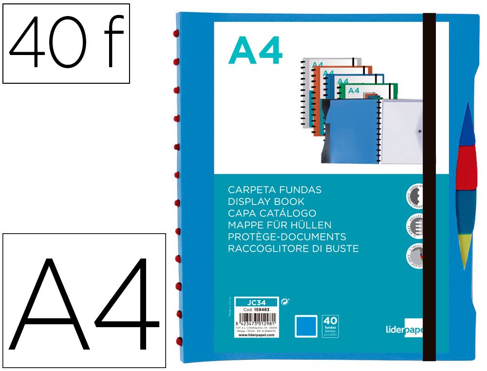 LIDERPAPEL - Carpeta A4 con 40 fundas intercambiables 5 sep sobre y gomilla portada y lomo personalizable azul (Ref. JC34)