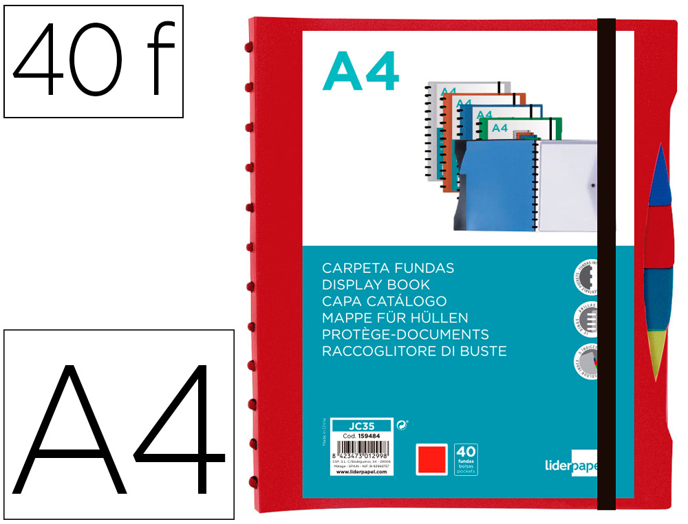 LIDERPAPEL - Carpeta A4 con 40 fundas intercambiables 5 sep sobre y gomilla portada y lomo personalizable rojo (Ref. JC35)