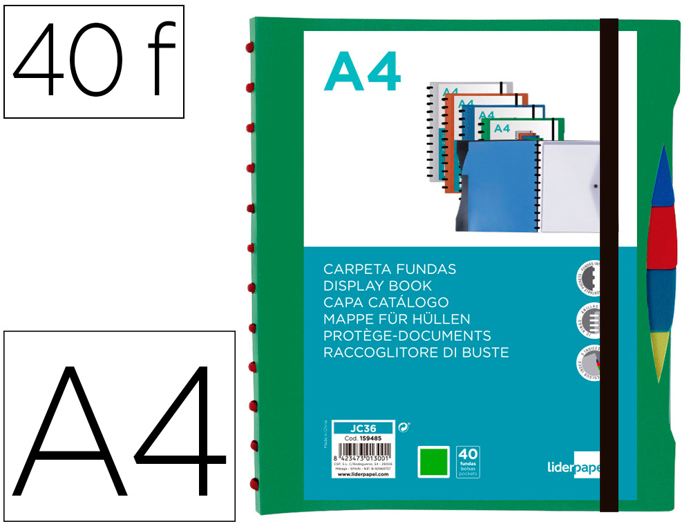 LIDERPAPEL - Carpeta A4 con 40 fundas intercambiables 5 sep sobre y gomilla portada y lomo personalizable verde (Ref. JC36)