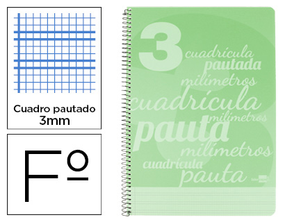 LIDERPAPEL - Cuaderno espiral folio pautaguia tapa plastico 80h 75gr cuadro pautado 3mm con margen color verde (Ref. BE41)