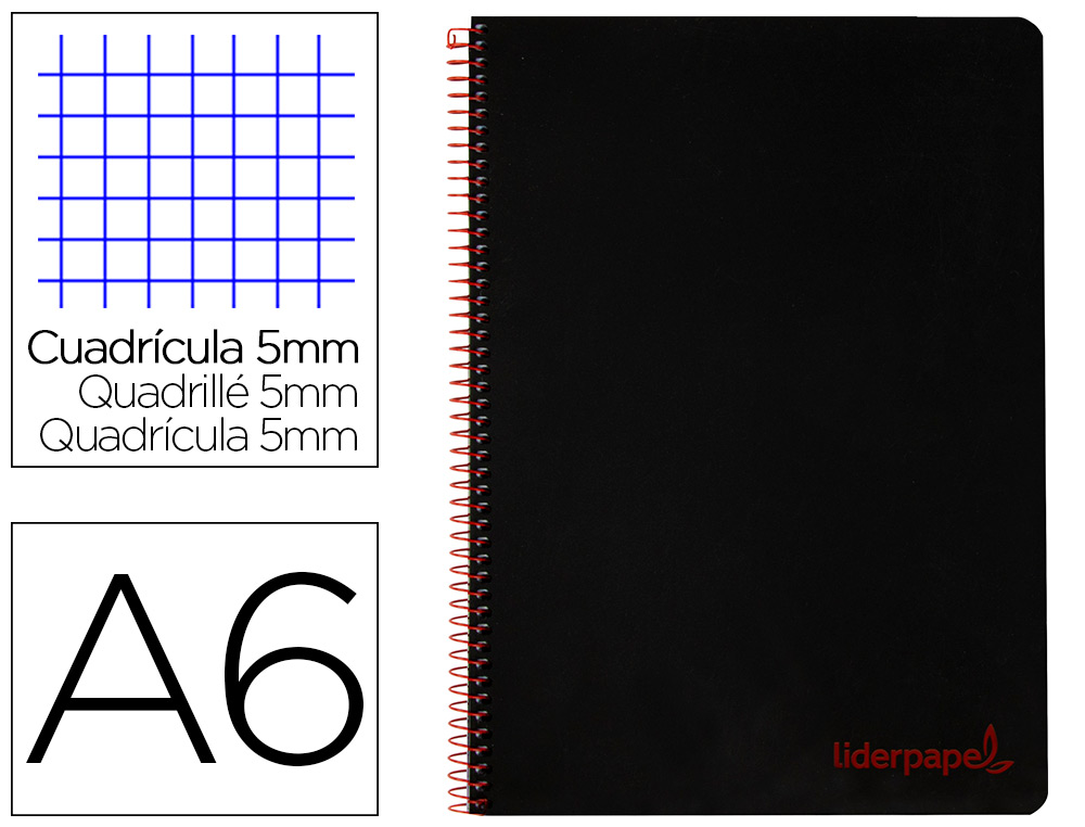 LIDERPAPEL - Cuaderno espiral a6 micro wonder tapa plastico 120h 90 gr cuadro 5mm 4 bandas color negro (Ref. BD27)