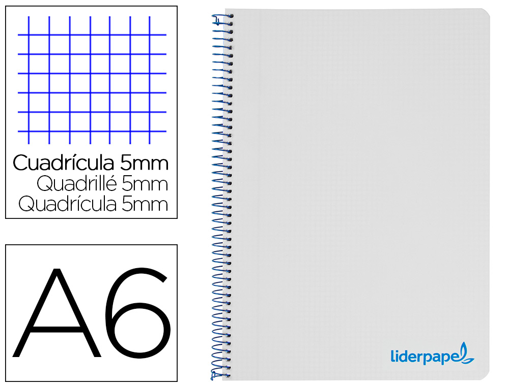 LIDERPAPEL - Cuaderno espiral a6 micro wonder tapa plastico 120h 90 gr cuadro 5mm 4 bandas color gris (Ref. BD29)