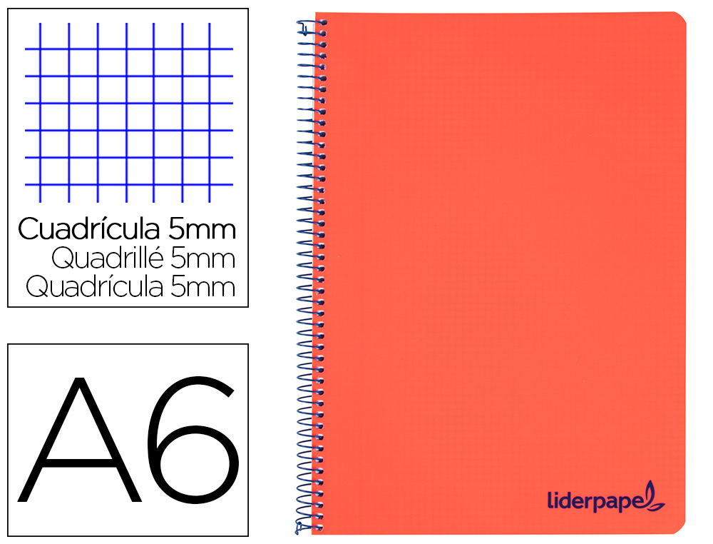 LIDERPAPEL - Cuaderno espiral a6 micro wonder tapa plastico 120h 90 gr cuadro 5mm 4 bandas color rojo (Ref. BD30)
