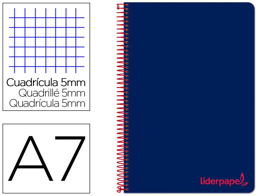 LIDERPAPEL - Cuaderno espiral a7 micro wonder tapa plastico 100h 90 gr cuadro 5mm 4 bandas color azul marino (Ref. BG18)