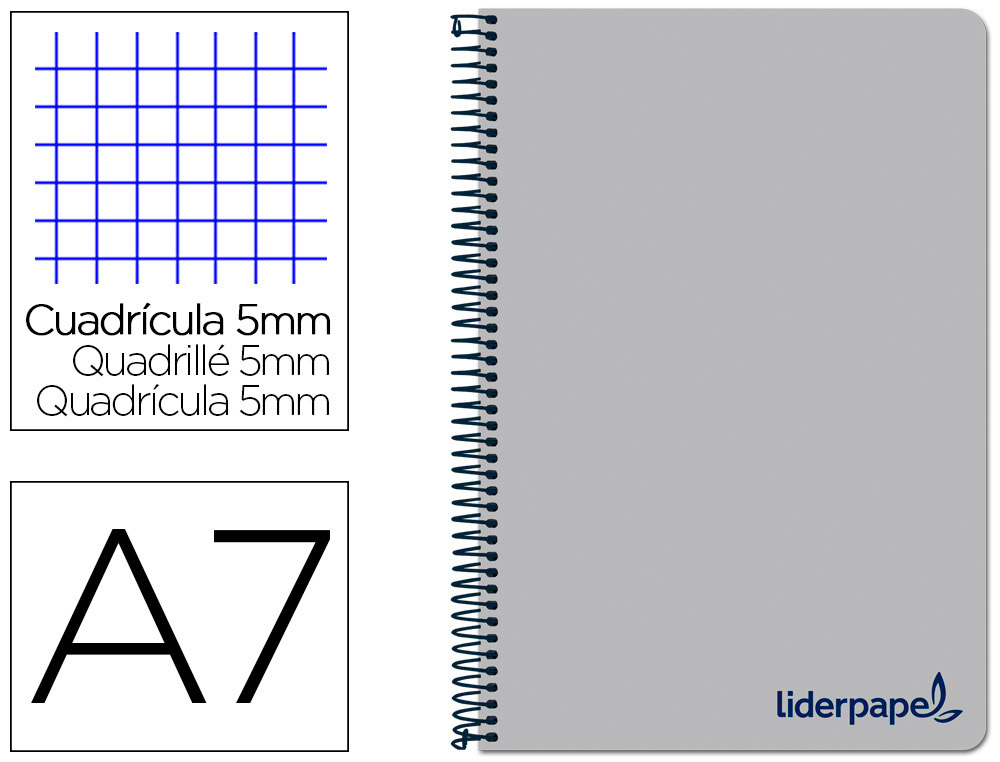 LIDERPAPEL - Cuaderno espiral a7 micro wonder tapa plastico 100h 90 gr cuadro 5mm 4 bandas color gris (Ref. BG19)