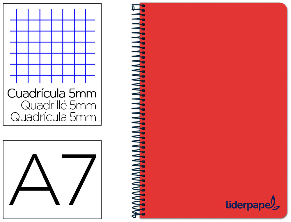 LIDERPAPEL - Cuaderno espiral a7 micro wonder tapa plastico 100h 90 gr cuadro 5mm 4 bandas color rojo (Ref. BG20)