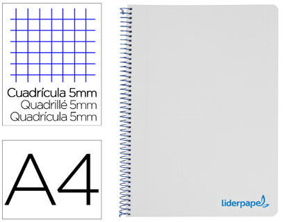 LIDERPAPEL - Cuaderno espiral A4 micro wonder tapa plastico 120h 90 gr cuadro 5 mm 5 bandas 4 taladros color gris (Ref. BA87)