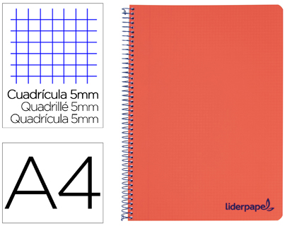 LIDERPAPEL - Cuaderno espiral A4 micro wonder tapa plastico 120h 90 gr cuadro 5 mm 5 bandas 4 taladros color rojo (Ref. BA88)