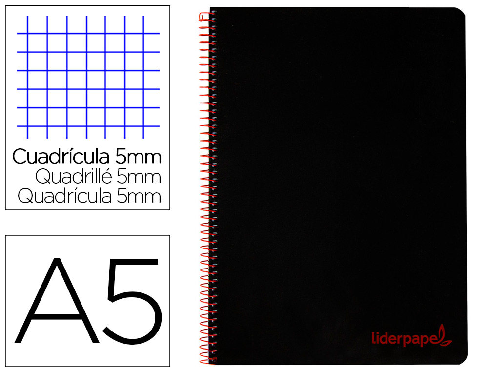 LIDERPAPEL - Cuaderno espiral a5 micro wonder tapa plastico 120h 90g cuadro 5mm 5 bandas 6 taladros color negro (Ref. BJ67)