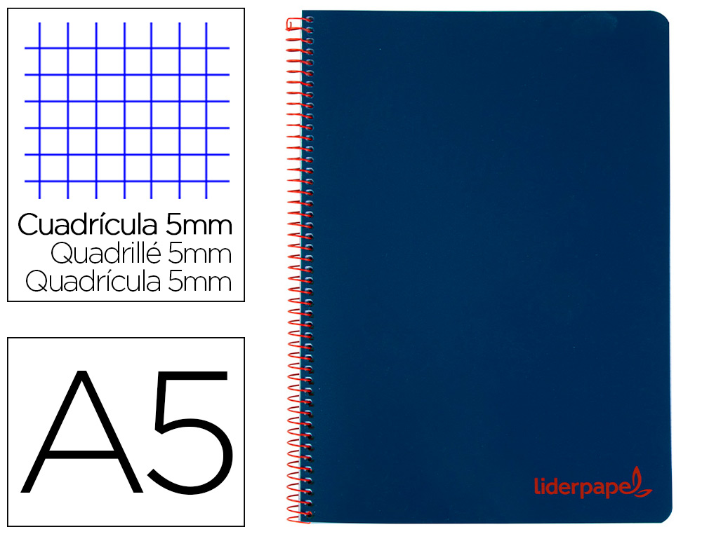 LIDERPAPEL - Cuaderno espiral a5 micro wonder tapa plastico 120h 90g cuadro 5mm 5 bandas 6 taladros color azul marino (Ref. BJ68)