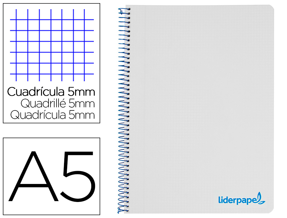 LIDERPAPEL - Cuaderno espiral a5 micro wonder tapa plastico 120h 90g cuadro 5mm 5 bandas 6 taladros color gris (Ref. BJ69)