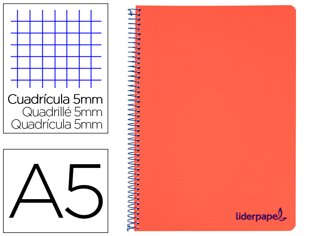 LIDERPAPEL - Cuaderno espiral a5 micro wonder tapa plastico 120h 90g cuadro 5mm 5 bandas 6 taladros color rojo (Ref. BJ70)