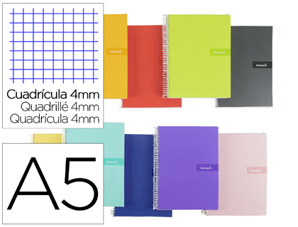 LIDERPAPEL - Cuaderno espiral a5 crafty tapa forrada 80h 90 gr cuadro 4 mm con margen colores surtidos (Ref. BC79)