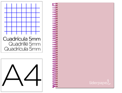 LIDERPAPEL - Cuaderno espiral A4 micro jolly tapa forrada 140h 75 gr cuadro 5mm 5 bandas 4 taladros color rosa (Ref. BA94)